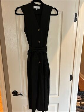 Magaschoni Black Ribbed Button-Front Midi Dress with Self-Tie Belt